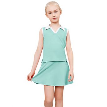 Girls Tennis Golf Outfit Sleeveless Polo V Neck Tank Top and Skorts Sets Sport Skirt with Pockets