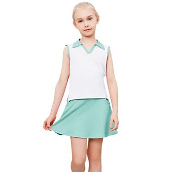 Girls Tennis Golf Outfit Sleeveless Polo V Neck Tank Top and Skorts Sets Sport Skirt with Pockets