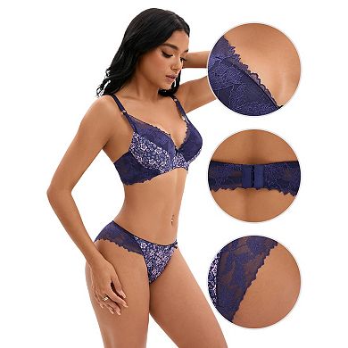 Women's 2 Pieces Lingerie Set Floral Mesh Push Up Underwire Lace Bra and Panty Sets