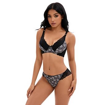 Women's 2 pc Lingerie Set Floral Mesh Push Up Underwire Lace Bra and Panty Sets