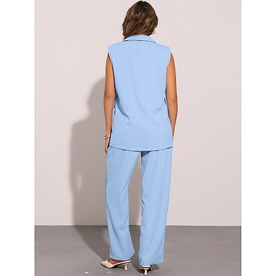 Women's 2 Piece Outfits Sleeveless Suit and Wide Leg Pants Business Blazer Sets