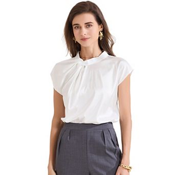 Women's Satin Cap Sleeve Pleated Neck Casual Office Blouse