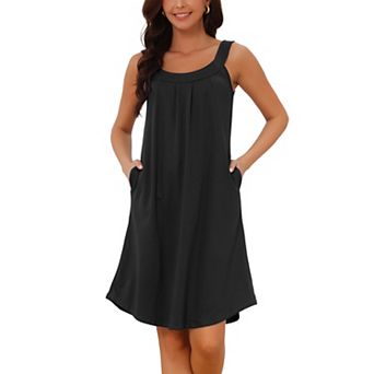 Women's Nightgown Sleeveless Short Sleepwear Pleated Sleep Shirts Wide Strap Sleep Dress with Pocket