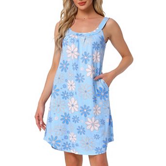 Women's Nightgown Sleeveless Short Sleepwear Pleated Sleep Shirts Wide Strap Sleep Dress with Pocket