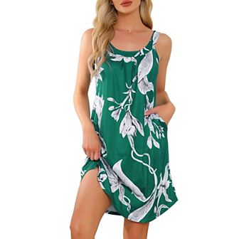 Women's Nightgown Sleeveless Short Sleepwear Pleated Sleep Shirts Wide Strap Sleep Dress with Pocket