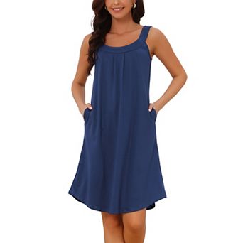 Women's Nightgown Sleeveless Short Sleepwear Pleated Sleep Shirts Wide Strap Sleep Dress with Pocket