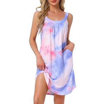 Women's Nightgown Sleeveless Short Sleepwear Pleated Sleep Shirts Wide Strap Sleep Dress with Pocket