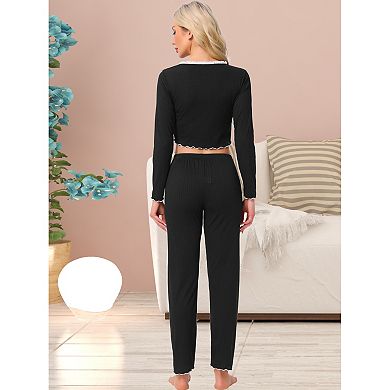 Women Lounge Set Long Sleeve Flounce Pajama Set Full Length Soild PJ Set