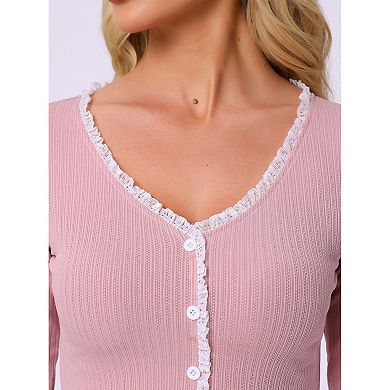 Women Lounge Set Long Sleeve Flounce Pajama Set Full Length Soild PJ Set