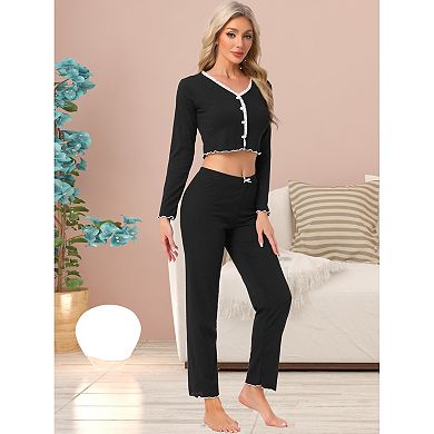 Women Lounge Set Long Sleeve Flounce Pajama Set Full Length Soild PJ Set