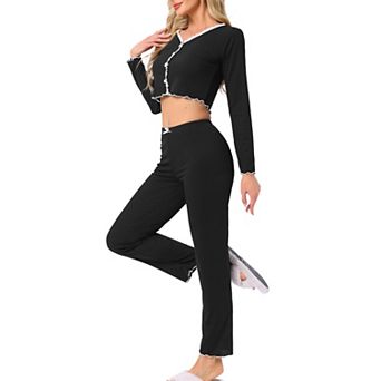 Women Lounge Set Long Sleeve Flounce Pajama Set Full Length Soild PJ Set