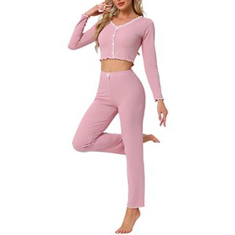 Women Lounge Set Long Sleeve Flounce Pajama Set Full Length Soild PJ Set