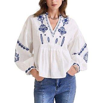 Women's Summer Embroidered Blouse V Neck Long Sleeve Flowy Casual Top