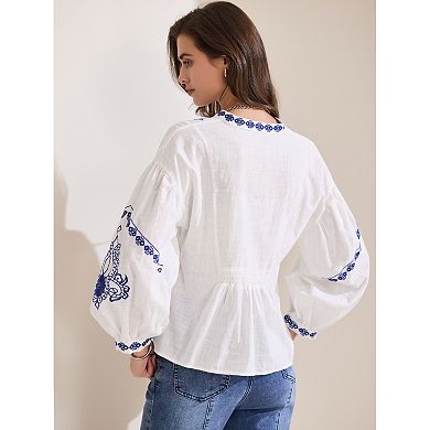 Women's Summer Embroidered Blouse V Neck Long Sleeve Flowy Casual Top