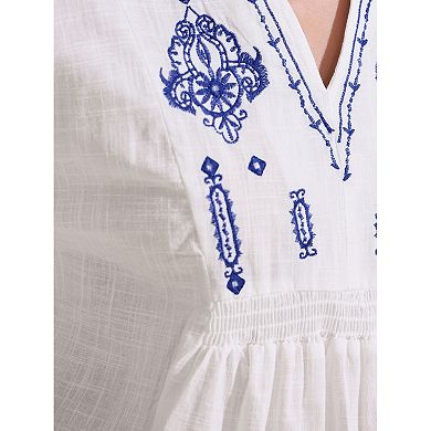 Women's Summer Embroidered Blouse V Neck Long Sleeve Flowy Casual Top