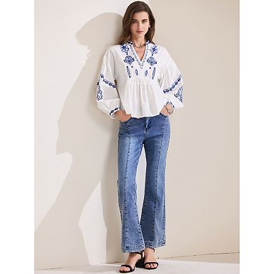 Women's Summer Embroidered Blouse V Neck Long Sleeve Flowy Casual Top