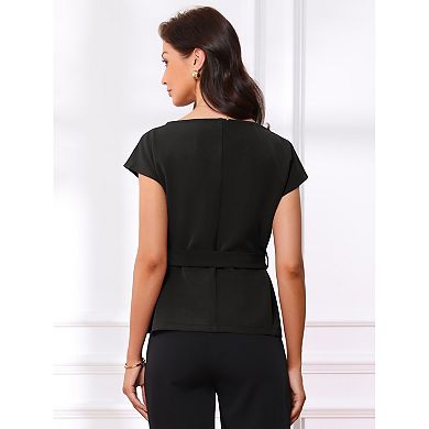 Cap Sleeve Dressy Top for Women's Boat Neck Office Work Belted Peplum Tops