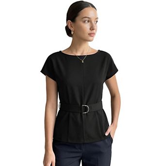 Cap Sleeve Dressy Top for Women's Boat Neck Office Work Belted Peplum Tops