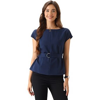 Cap Sleeve Dressy Top for Women's Boat Neck Office Work Belted Peplum Tops