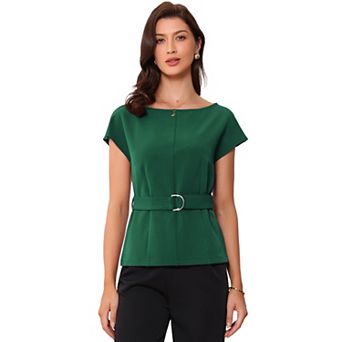 Cap Sleeve Dressy Top for Women's Boat Neck Office Work Belted Peplum Tops