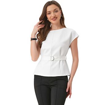 Cap Sleeve Dressy Top for Women's Boat Neck Office Work Belted Peplum Tops