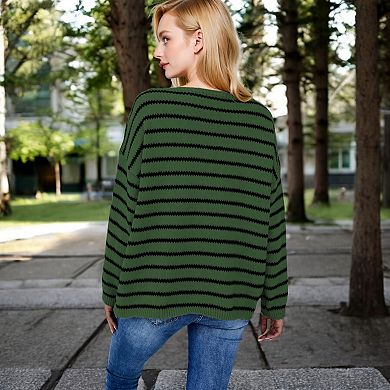 Women's Striped Boatneck Sweater with Relaxed Fit and Long Sleeves