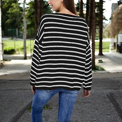 Women's Striped Boatneck Sweater with Relaxed Fit and Long Sleeves