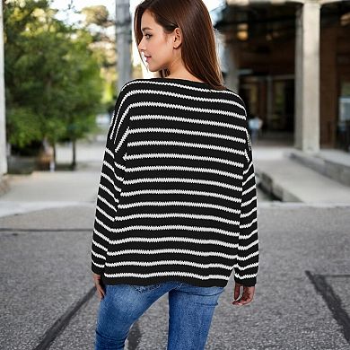 Women's Striped Boatneck Sweater with Relaxed Fit and Long Sleeves