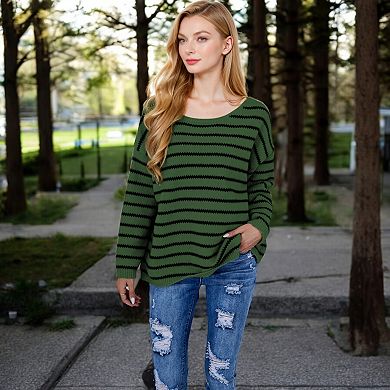 Women's Striped Boatneck Sweater with Relaxed Fit and Long Sleeves