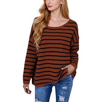 Women's Striped Boatneck Sweater with Relaxed Fit and Long Sleeves