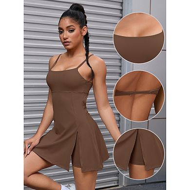 Women's Spaghetti Strap Tennis Dress with Built-in Bra and Shorts Side Slit Square Neck Dresses
