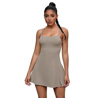 Women's Spaghetti Strap Tennis Dress with Built-in Bra and Shorts Side Slit Square Neck Dresses