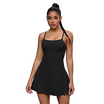 Women's Spaghetti Strap Tennis Dress with Built-in Bra and Shorts Side Slit Square Neck Dresses