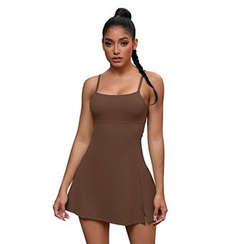 Women's Spaghetti Strap Tennis Dress with Built-in Bra and Shorts Side Slit Square Neck Dresses