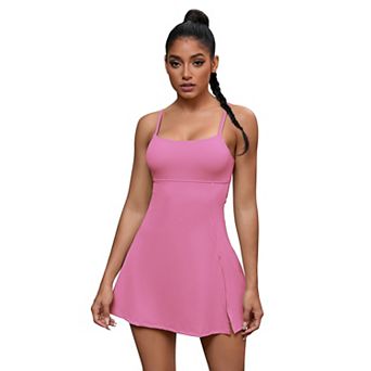 Women's Spaghetti Strap Tennis Dress with Built-in Bra and Shorts Side Slit Square Neck Dresses