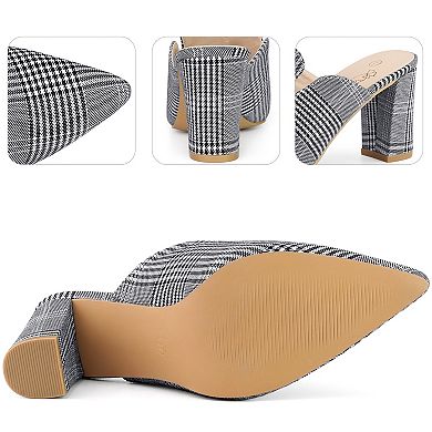 Pointed Toe Slip on Chunky Heels Houndstooth Slide Mules for Women