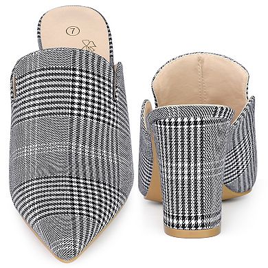 Pointed Toe Slip on Chunky Heels Houndstooth Slide Mules for Women
