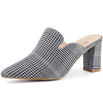 Pointed Toe Slip on Chunky Heels Houndstooth Slide Mules for Women