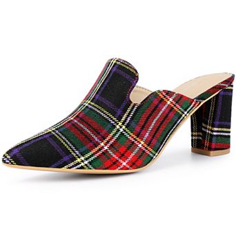 Pointed Toe Slip on Chunky Heels Houndstooth Slide Mules for Women