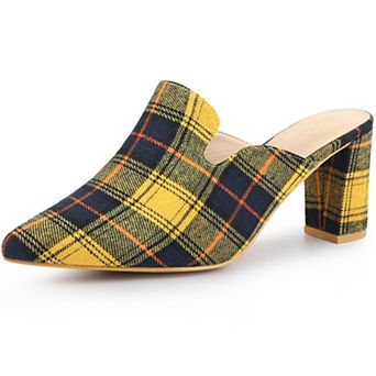 Pointed Toe Slip on Chunky Heels Houndstooth Slide Mules for Women