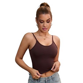 Women's V Neck Ribbed Spaghetti Straps Camisole Tummy Control Tank Top