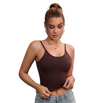 Women's V Neck Ribbed Spaghetti Straps Camisole Tummy Control Tank Top