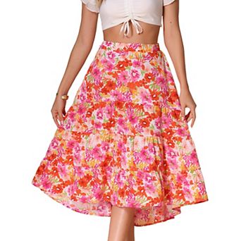 Floral Midi Skirt for Women's Elastic Front Irregular Hem Skirts