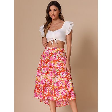 Floral Midi Skirt for Women's Elastic Front Irregular Hem Skirts