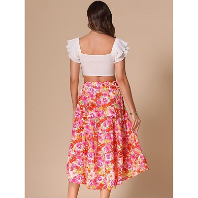Floral Midi Skirt for Women's Elastic Front Irregular Hem Skirts