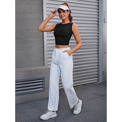 Women's Sleeveless Ribbed Tank Top Waist-Cinched Workout Vest with Dual Side Pleats