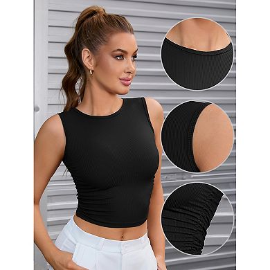 Women's Sleeveless Ribbed Tank Top Waist-Cinched Workout Vest with Dual Side Pleats