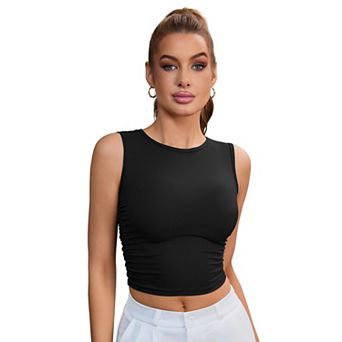 Women's Sleeveless Ribbed Tank Top Waist-Cinched Workout Vest with Dual Side Pleats