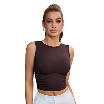Women's Sleeveless Ribbed Tank Top Waist-Cinched Workout Vest with Dual Side Pleats