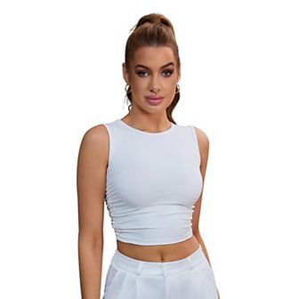 Women's Sleeveless Ribbed Tank Top Waist-Cinched Workout Vest with Dual Side Pleats